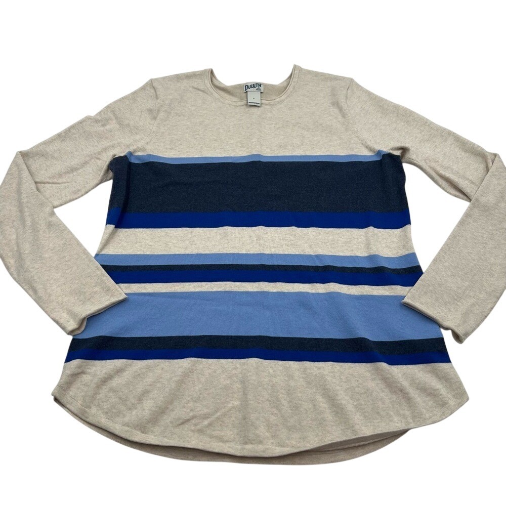 Duluth Trading Co Womens Large Striped Long Sleeve Knit Top Blue Beige Cotton